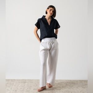 NWT Luxmii Collo Alto Top Navy Blue Shirt 100% Premium European Linen size Large